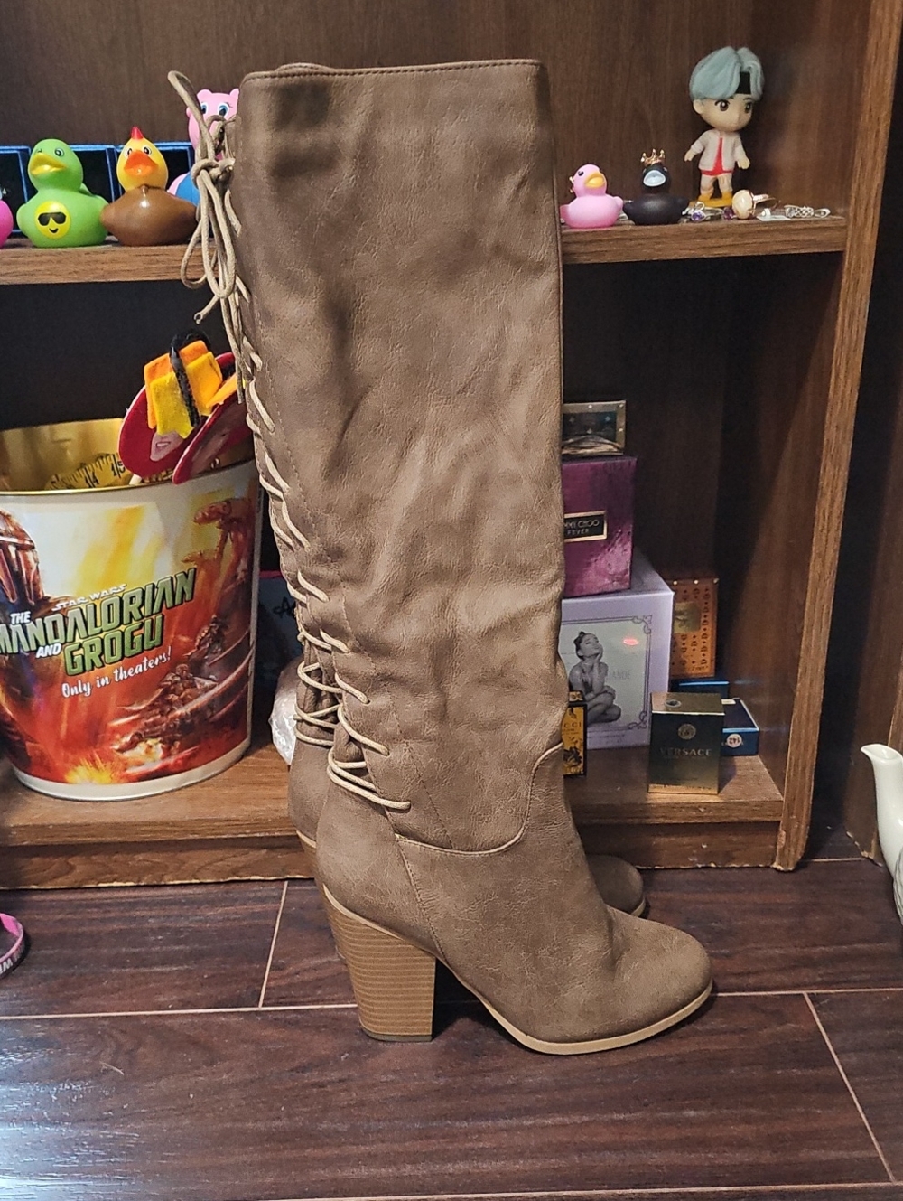 Over-The-Knee Lace-Up Block Heel Boots in Taupe